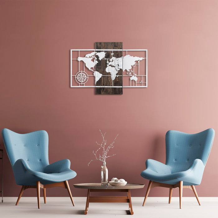 Wallity World Map With Compass - Silver